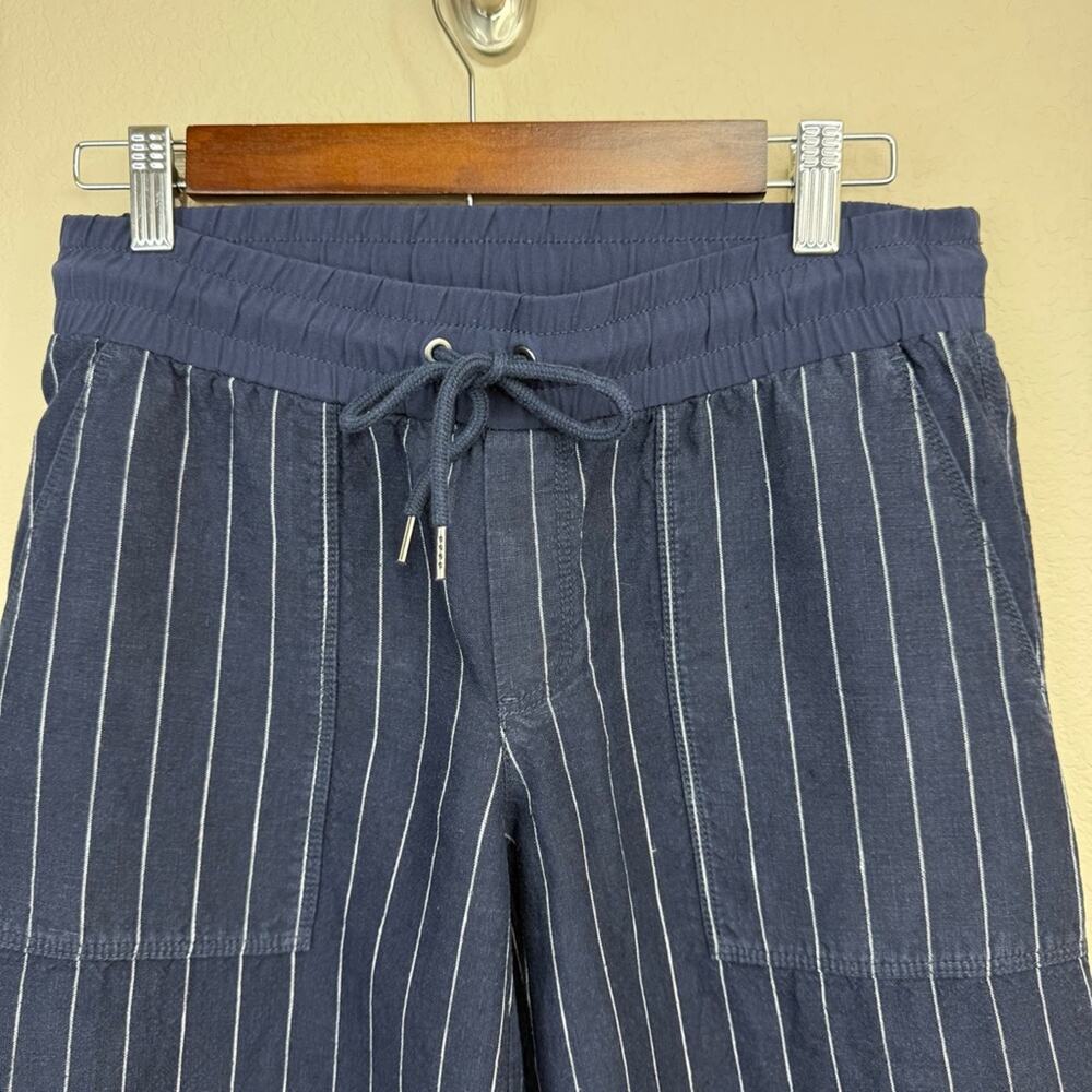 ATHLETA 100% Linen Bali Navy Blue Stripe Wide Leg Drawstring Crop Pants Sz 4 - Picture 4 of 14